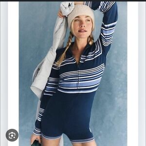 New Free People Movement Blue It's Cold Outside Playsuit Navy Striped Sz Medium